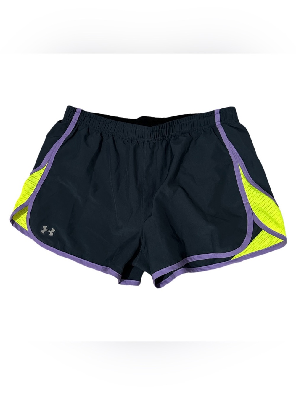 Under Armour Shorts Dark Gray with Purple Trim and Neon Yellow Panels Size M